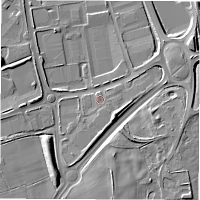 Shaded relief map of the ground around CV107SD, computed from Environment Agency LiDAR. The ground here sits at about 98 m above sea level and falls 11 m across the surrounding 800 m. Surface water reaching this point runs off ground lying to the south-east, 6.0 m higher.
