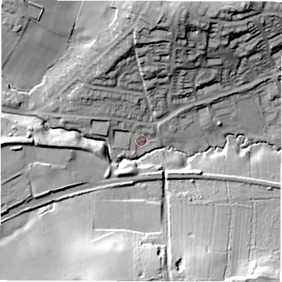 Shaded relief map of the ground around CV108RP, computed from Environment Agency LiDAR. The ground here sits at about 117 m above sea level and falls 34 m across the surrounding 800 m. Surface water reaching this point runs off ground lying to the north-west, 11.4 m higher.