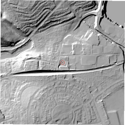 Shaded relief map of the ground around CV109AD, computed from Environment Agency LiDAR. The ground here sits at about 102 m above sea level and falls 35 m across the surrounding 800 m. Surface water reaching this point runs off ground lying to the south-south-west, 4.7 m higher.