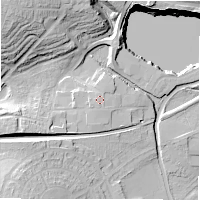 Shaded relief map of the ground around CV109AE, computed from Environment Agency LiDAR. The ground here sits at about 102 m above sea level and falls 36 m across the surrounding 800 m. Surface water reaching this point runs off ground lying to the south-south-west, 1.0 m higher.