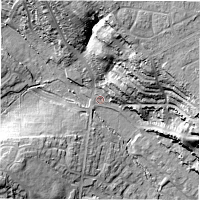 Shaded relief map of the ground around CV109BY, computed from Environment Agency LiDAR. The ground here sits at about 105 m above sea level and falls 38 m across the surrounding 800 m. Surface water reaching this point runs off ground lying to the north, 33.4 m higher.