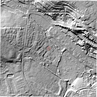 Shaded relief map of the ground around CV109LW, computed from Environment Agency LiDAR. The ground here sits at about 103 m above sea level and falls 35 m across the surrounding 800 m. Surface water reaching this point runs off ground lying to the west-south-west, 6.2 m higher.