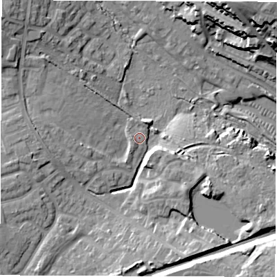 Shaded relief map of the ground around CV109TF, computed from Environment Agency LiDAR. The ground here sits at about 102 m above sea level and falls 33 m across the surrounding 800 m. Surface water reaching this point runs off ground lying to the north-west, 12.3 m higher.
