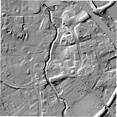 Shaded relief map of the ground around CV114AD, computed from Environment Agency LiDAR. The ground here sits at about 81 m above sea level and falls 12 m across the surrounding 800 m. Surface water reaching this point runs off ground lying to the north-east, 7.6 m higher.