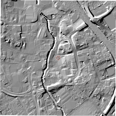 Shaded relief map of the ground around CV114AE, computed from Environment Agency LiDAR. The ground here sits at about 81 m above sea level and falls 12 m across the surrounding 800 m. Surface water reaching this point runs off ground lying to the north-east, 5.6 m higher.