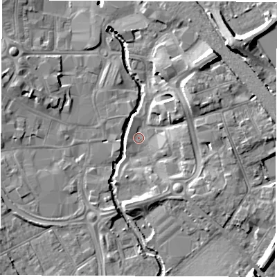Shaded relief map of the ground around CV114AF, computed from Environment Agency LiDAR. The ground here sits at about 81 m above sea level and falls 12 m across the surrounding 800 m. Surface water reaching this point runs off ground lying to the north-east, 5.6 m higher.