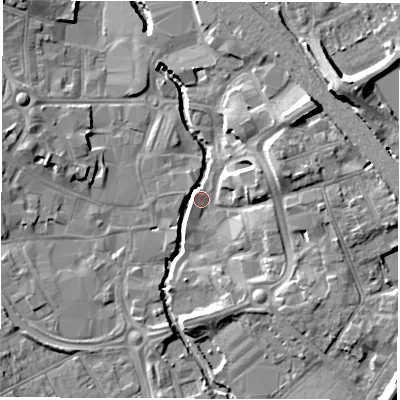 Shaded relief map of the ground around CV114AG, computed from Environment Agency LiDAR. The ground here sits at about 82 m above sea level and falls 12 m across the surrounding 800 m. Surface water reaching this point runs off ground lying to the north-east, 12.3 m higher.
