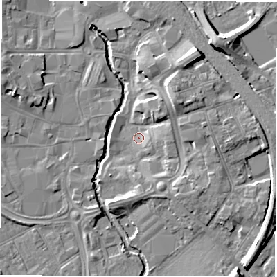 Shaded relief map of the ground around CV114AH, computed from Environment Agency LiDAR. The ground here sits at about 81 m above sea level and falls 12 m across the surrounding 800 m. Surface water reaching this point runs off ground lying to the east-north-east, 3.9 m higher.