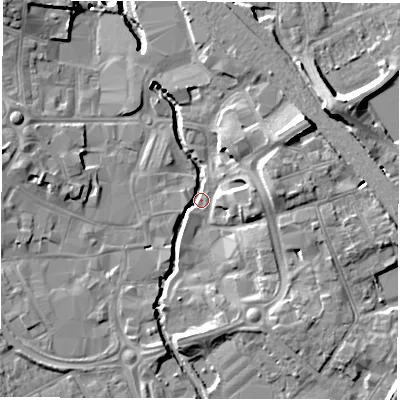 Shaded relief map of the ground around CV114AL, computed from Environment Agency LiDAR. The ground here sits at about 81 m above sea level and falls 15 m across the surrounding 800 m. Surface water reaching this point runs off ground lying to the north-east, 13.2 m higher.