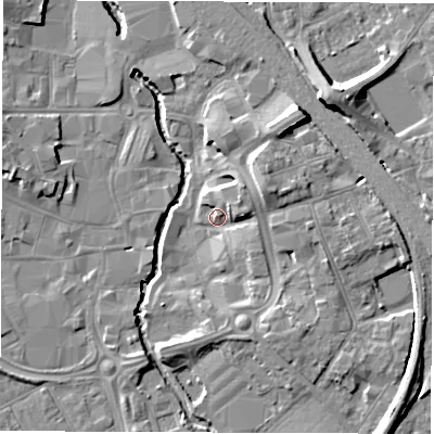 Shaded relief map of the ground around CV114AQ, computed from Environment Agency LiDAR. The ground here sits at about 83 m above sea level and falls 12 m across the surrounding 800 m. Surface water reaching this point runs off ground lying to the north-east, 5.0 m higher.