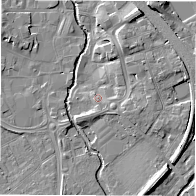 Shaded relief map of the ground around CV114AS, computed from Environment Agency LiDAR. The ground here sits at about 83 m above sea level and falls 12 m across the surrounding 800 m. Surface water reaching this point runs off ground lying to the north-north-east, 6.9 m higher.