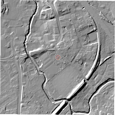 Shaded relief map of the ground around CV114AT, computed from Environment Agency LiDAR. The ground here sits at about 83 m above sea level and falls 12 m across the surrounding 800 m. Surface water reaching this point runs off ground lying to the north, 1.7 m higher.