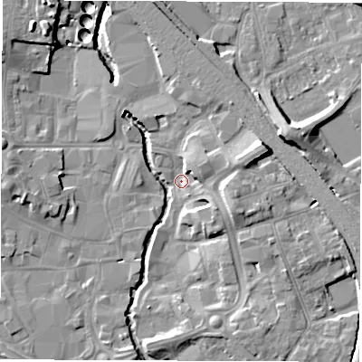 Shaded relief map of the ground around CV114DA, computed from Environment Agency LiDAR. The ground here sits at about 81 m above sea level and falls 15 m across the surrounding 800 m. Surface water reaching this point runs off ground lying to the east-north-east, 15.3 m higher.