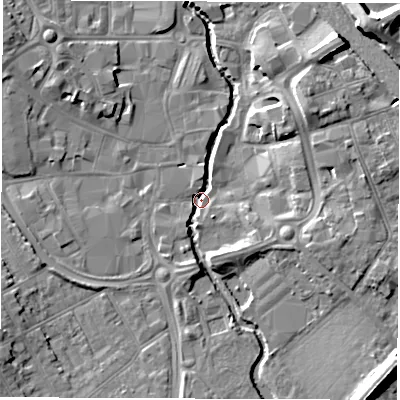 Shaded relief map of the ground around CV114DL, computed from Environment Agency LiDAR. The ground here sits at about 80 m above sea level and falls 12 m across the surrounding 800 m. Surface water reaching this point runs off ground lying to the north-east, 9.5 m higher.