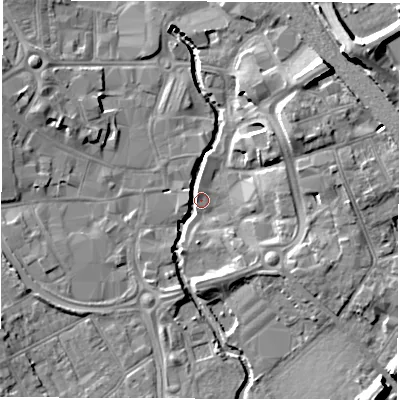 Shaded relief map of the ground around CV114DX, computed from Environment Agency LiDAR. The ground here sits at about 82 m above sea level and falls 12 m across the surrounding 800 m. Surface water reaching this point runs off ground lying to the north-east, 12.3 m higher.