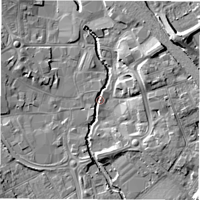 Shaded relief map of the ground around CV114DY, computed from Environment Agency LiDAR. The ground here sits at about 82 m above sea level and falls 12 m across the surrounding 800 m. Surface water reaching this point runs off ground lying to the north-east, 12.3 m higher.