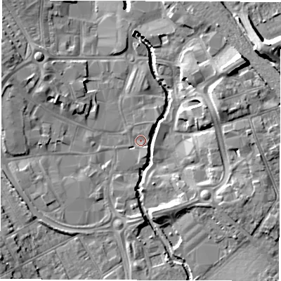 Shaded relief map of the ground around CV114DZ, computed from Environment Agency LiDAR. The ground here sits at about 81 m above sea level and falls 12 m across the surrounding 800 m. Surface water reaching this point runs off ground lying to the south-west, 8.0 m higher.