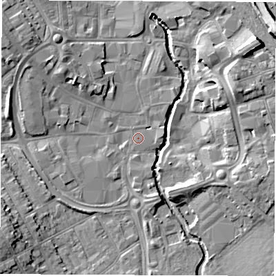 Shaded relief map of the ground around CV114EA, computed from Environment Agency LiDAR. The ground here sits at about 81 m above sea level and falls 12 m across the surrounding 800 m. Surface water reaching this point runs off ground lying to the south-west, 7.5 m higher.
