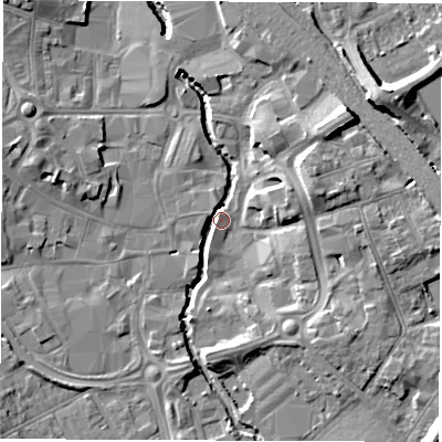 Shaded relief map of the ground around CV114ED, computed from Environment Agency LiDAR. The ground here sits at about 82 m above sea level and falls 12 m across the surrounding 800 m. Surface water reaching this point runs off ground lying to the north-east, 12.3 m higher.