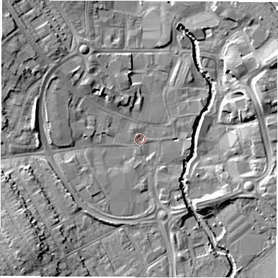 Shaded relief map of the ground around CV114EF, computed from Environment Agency LiDAR. The ground here sits at about 82 m above sea level and falls 11 m across the surrounding 800 m. Surface water reaching this point runs off ground lying to the north-west, 4.0 m higher.