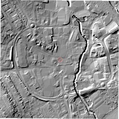 Shaded relief map of the ground around CV114EH, computed from Environment Agency LiDAR. The ground here sits at about 81 m above sea level and falls 12 m across the surrounding 800 m. Surface water reaching this point runs off ground lying to the north-west, 4.4 m higher.
