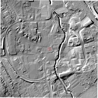 Shaded relief map of the ground around CV114EJ, computed from Environment Agency LiDAR. The ground here sits at about 81 m above sea level and falls 12 m across the surrounding 800 m. Surface water reaching this point runs off ground lying to the west-north-west, 4.4 m higher.