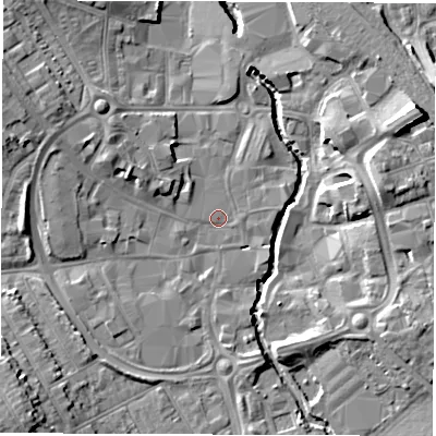 Shaded relief map of the ground around CV114EL, computed from Environment Agency LiDAR. The ground here sits at about 81 m above sea level and falls 12 m across the surrounding 800 m. Surface water reaching this point runs off ground lying to the west-north-west, 4.4 m higher.