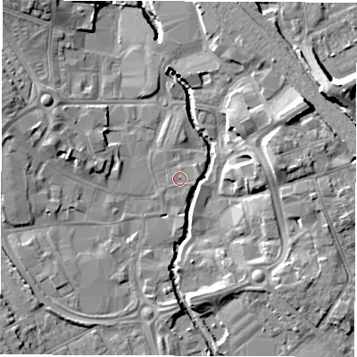 Shaded relief map of the ground around CV114EU, computed from Environment Agency LiDAR. The ground here sits at about 81 m above sea level and falls 13 m across the surrounding 800 m. Surface water reaching this point runs off ground lying to the east-south-east, 0.7 m higher.