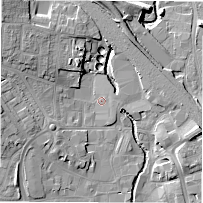 Shaded relief map of the ground around CV114FX, computed from Environment Agency LiDAR. The ground here sits at about 82 m above sea level and falls 16 m across the surrounding 800 m. Surface water reaching this point runs off ground lying to the north-west, 14.2 m higher.