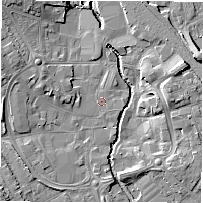 Shaded relief map of the ground around CV114HA, computed from Environment Agency LiDAR. The ground here sits at about 81 m above sea level and falls 15 m across the surrounding 800 m. Surface water reaching this point runs off ground lying to the north-north-west, 10.5 m higher.