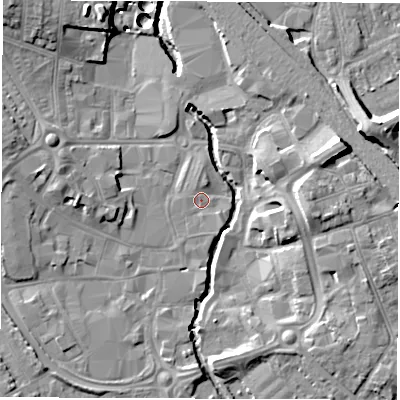 Shaded relief map of the ground around CV114HB, computed from Environment Agency LiDAR. The ground here sits at about 82 m above sea level and falls 15 m across the surrounding 800 m. Surface water reaching this point runs off ground lying to the north-north-west, 12.8 m higher.