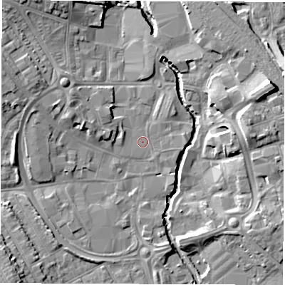 Shaded relief map of the ground around CV114HD, computed from Environment Agency LiDAR. The ground here sits at about 81 m above sea level and falls 14 m across the surrounding 800 m. Surface water reaching this point runs off ground lying to the west-north-west, 2.7 m higher.
