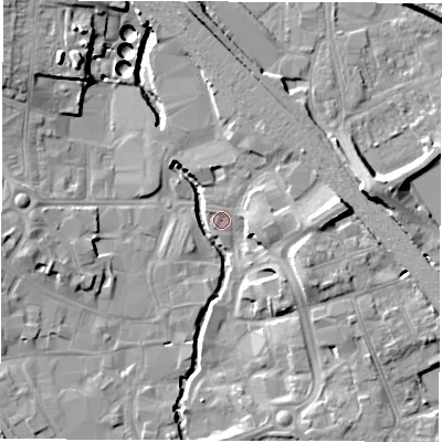 Shaded relief map of the ground around CV114HG, computed from Environment Agency LiDAR. The ground here sits at about 82 m above sea level and falls 15 m across the surrounding 800 m. Surface water reaching this point runs off ground lying to the east, 8.7 m higher.