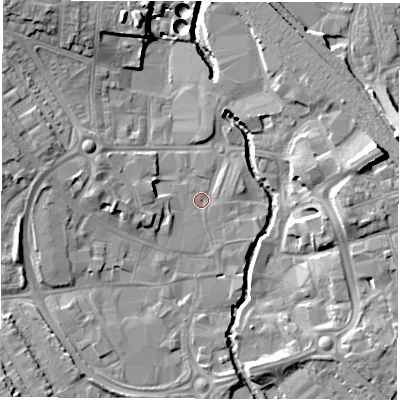 Shaded relief map of the ground around CV114HH, computed from Environment Agency LiDAR. The ground here sits at about 81 m above sea level and falls 15 m across the surrounding 800 m. Surface water reaching this point runs off ground lying to the north-north-west, 12.9 m higher.