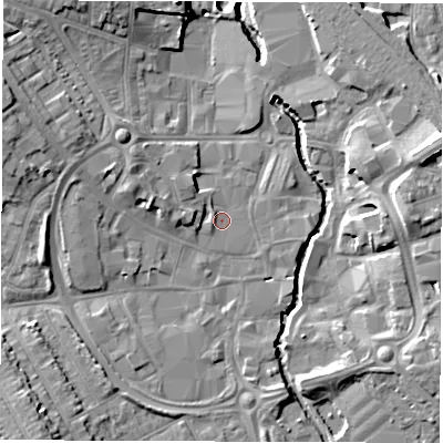 Shaded relief map of the ground around CV114HL, computed from Environment Agency LiDAR. The ground here sits at about 82 m above sea level and falls 15 m across the surrounding 800 m. Surface water reaching this point runs off ground lying to the west, 2.7 m higher.
