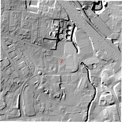 Shaded relief map of the ground around CV114HR, computed from Environment Agency LiDAR. The ground here sits at about 81 m above sea level and falls 16 m across the surrounding 800 m. Surface water reaching this point runs off ground lying to the south-west, 5.2 m higher.