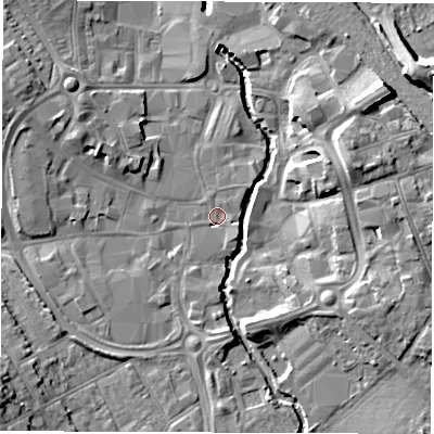 Shaded relief map of the ground around CV114HX, computed from Environment Agency LiDAR. The ground here sits at about 81 m above sea level and falls 12 m across the surrounding 800 m. Surface water reaching this point runs off ground lying to the south-west, 7.8 m higher.