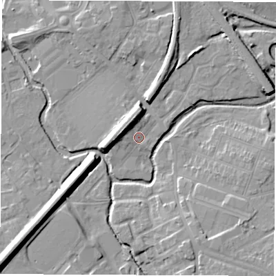 Shaded relief map of the ground around CV114JD, computed from Environment Agency LiDAR. The ground here sits at about 83 m above sea level and falls 15 m across the surrounding 800 m. Surface water reaching this point runs off ground lying to the west-north-west, 7.6 m higher.