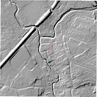 Shaded relief map of the ground around CV114JF, computed from Environment Agency LiDAR. The ground here sits at about 84 m above sea level and falls 14 m across the surrounding 800 m. Surface water reaching this point runs off ground lying to the east-south-east, 4.1 m higher.