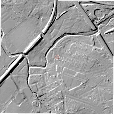 Shaded relief map of the ground around CV114JG, computed from Environment Agency LiDAR. The ground here sits at about 83 m above sea level and falls 12 m across the surrounding 800 m. Surface water reaching this point runs off ground lying to the south-east, 6.1 m higher.