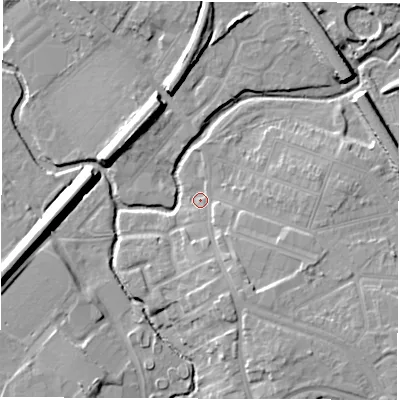 Shaded relief map of the ground around CV114JQ, computed from Environment Agency LiDAR. The ground here sits at about 83 m above sea level and falls 12 m across the surrounding 800 m. Surface water reaching this point runs off ground lying to the south-east, 5.8 m higher.