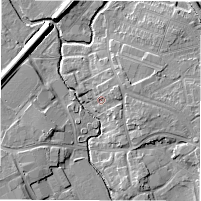 Shaded relief map of the ground around CV114JR, computed from Environment Agency LiDAR. The ground here sits at about 84 m above sea level and falls 13 m across the surrounding 800 m. Surface water reaching this point runs off ground lying to the north-east, 4.0 m higher.