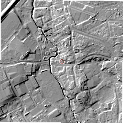 Shaded relief map of the ground around CV114JS, computed from Environment Agency LiDAR. The ground here sits at about 83 m above sea level and falls 12 m across the surrounding 800 m. Surface water reaching this point runs off ground lying to the north-east, 6.4 m higher.