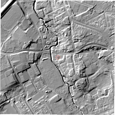 Shaded relief map of the ground around CV114JT, computed from Environment Agency LiDAR. The ground here sits at about 84 m above sea level and falls 12 m across the surrounding 800 m. Surface water reaching this point runs off ground lying to the south-east, 5.3 m higher.