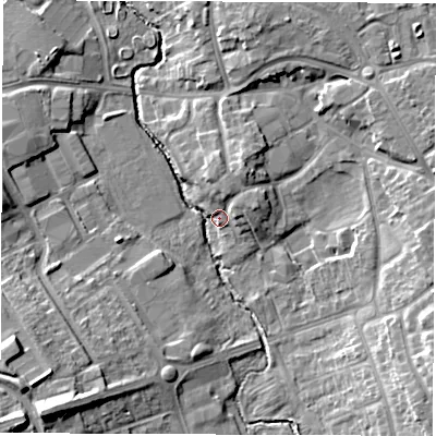Shaded relief map of the ground around CV114LJ, computed from Environment Agency LiDAR. The ground here sits at about 84 m above sea level and falls 15 m across the surrounding 800 m. Surface water reaching this point runs off ground lying to the south-west, 14.3 m higher.