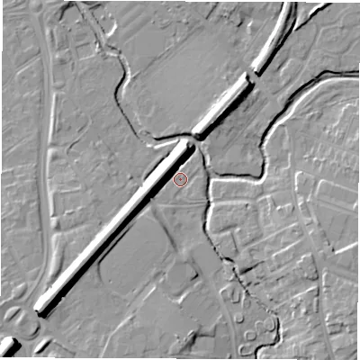 Shaded relief map of the ground around CV114LN, computed from Environment Agency LiDAR. The ground here sits at about 82 m above sea level and falls 15 m across the surrounding 800 m. Surface water reaching this point runs off ground lying to the south-east, 1.1 m higher.