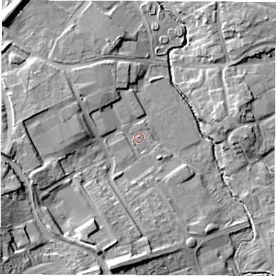 Shaded relief map of the ground around CV114NF, computed from Environment Agency LiDAR. The ground here sits at about 85 m above sea level and falls 24 m across the surrounding 800 m. Surface water reaching this point runs off ground lying to the south-south-west, 12.0 m higher.