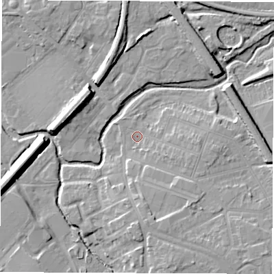Shaded relief map of the ground around CV114NH, computed from Environment Agency LiDAR. The ground here sits at about 83 m above sea level and falls 12 m across the surrounding 800 m. Surface water reaching this point runs off ground lying to the east-south-east, 3.9 m higher.