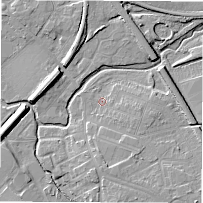 Shaded relief map of the ground around CV114NX, computed from Environment Agency LiDAR. The ground here sits at about 83 m above sea level and falls 11 m across the surrounding 800 m. Surface water reaching this point runs off ground lying to the east-south-east, 3.7 m higher.