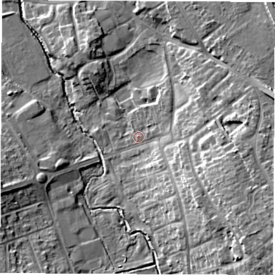 Shaded relief map of the ground around CV114QJ, computed from Environment Agency LiDAR. The ground here sits at about 85 m above sea level and falls 15 m across the surrounding 800 m. Surface water reaching this point runs off ground lying to the south-east, 11.9 m higher.